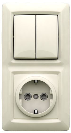 Блок ЭУУ, выключатель двухклавишный + розетка с заземлением и защитными шторками, скрытой установки,  серия REONE, цвет белый