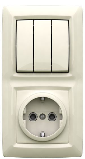 Блок ЭУУ, выключатель трехклавишный + розетка с заземлением и защитными шторками, скрытой установки,  серия REONE, цвет белый