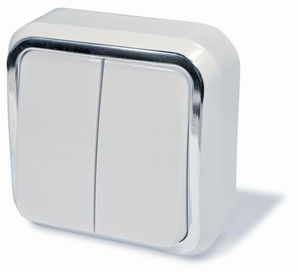 Выключатель двухклавишный открытой установки, серия Москвичка, цвет белый с рамкой под серебро