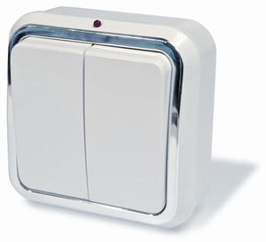 Выключатель двухклавишный открытой установки,с подсветкой, серия Москвичка, цвет белый с рамкой под серебро