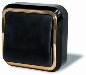 Выключатель одноклавишный открытой установки, серия Москвичка, цвет черный с рамкой под золото