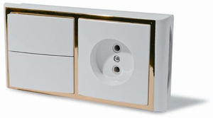 Блок ЭУУ выключатель двухклавишный + розетка, серия Модерн, цвет белый с рамкой под золото