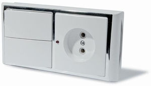Блок ЭУУ выключатель двухклавишный с подсветкой+ розетка, серия Модерн, цвет белый с рамкой под серебро